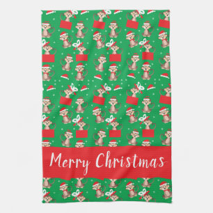 Merry Christmas Cute Monkey Holiday Pattern Red Tea Towel