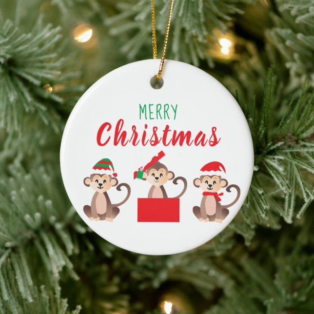 Merry Christmas Cute Monkeys Christmas Hats Ceramic Ornament (Tree)