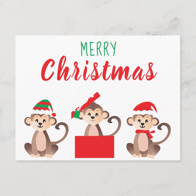 Merry Christmas Cute Monkeys Christmas Hats Postcard (Front)