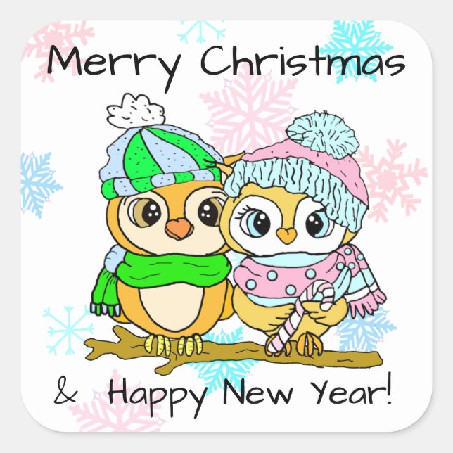 Merry Christmas Cute Owl Couple Christmas Square Sticker (Front)