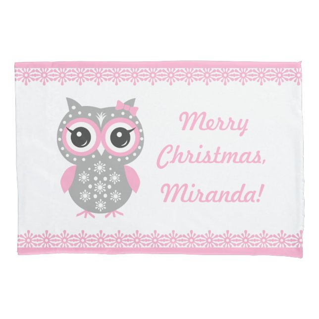 Merry Christmas Cute Owl Pink Pillowcase For Girl (Front)