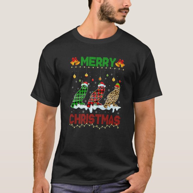 Merry Christmas Cute Owl Xmas Leopard Plaid Santa  T-Shirt (Front)