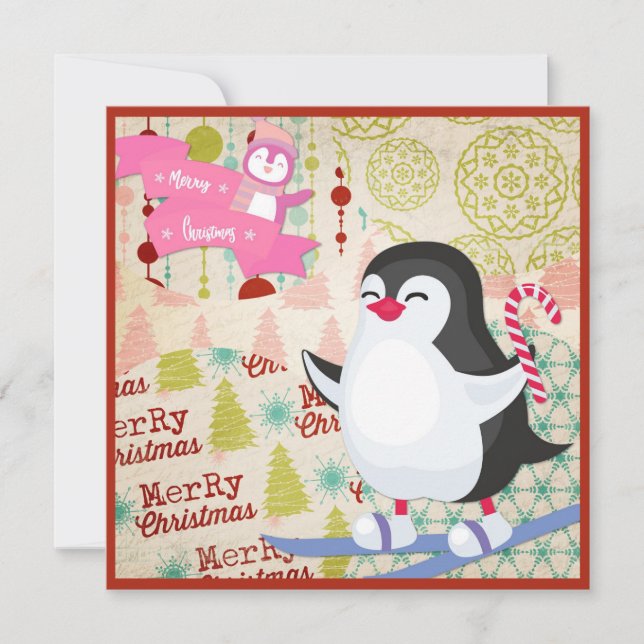Merry Christmas Cute Penguin Flat Card (Front)