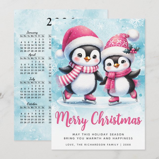 Merry Christmas Cute Penguin Ice Skaters Blue Pink Holiday Card (Front/Back)