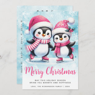 Merry Christmas Cute Penguin Ice Skaters Pink Holiday Card