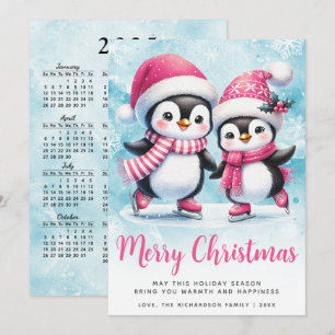 Merry Christmas Cute Penguin Ice Skaters Pink Holiday Card