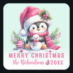 Merry Christmas Cute Penguin Mint and Pink Custom Square Sticker<br><div class="desc">Create elegant personalised Christmas stickers for mailing seals or favours with a mint green and pink design that says "Merry Christmas" and features a cute penguin sitting with a tiny snowman and surrounded with holiday greenery and pink ornaments. The template makes it easy to type your family name in casual...</div>