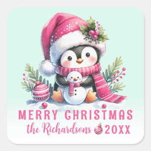 Merry Christmas Cute Penguin Mint and Pink Custom Square Sticker