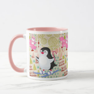 Merry Christmas Cute Penguin Pink Mug