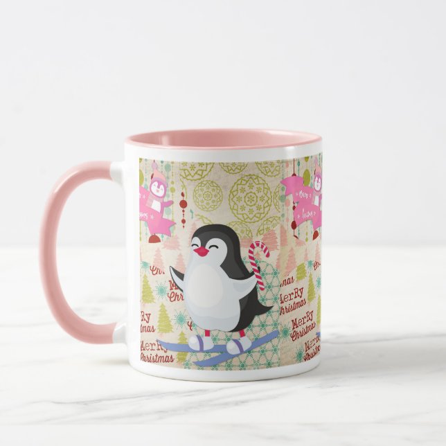 Merry Christmas Cute Penguin Pink Mug (Left)