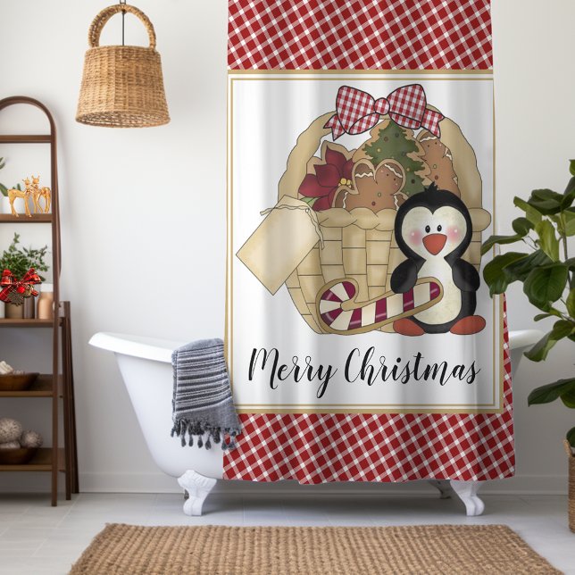 Merry Christmas Cute Penguin Retro Holiday Basket Shower Curtain (Creator Uploaded)