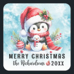 Merry Christmas Cute Penguin Snowy and Red Custom Square Sticker<br><div class="desc">Create unique personalised Christmas stickers for mailing seals or favours with a blue and red design that says "Merry Christmas" and features a cute penguin on a snowy background. The template makes it easy to type your family name and year.</div>