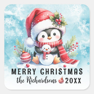 Merry Christmas Cute Penguin Snowy and Red Custom Square Sticker