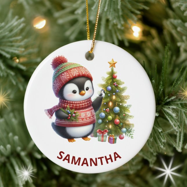 Merry Christmas Cute Penguin with Christmas Tree Ceramic Ornament (Creator Uploaded)