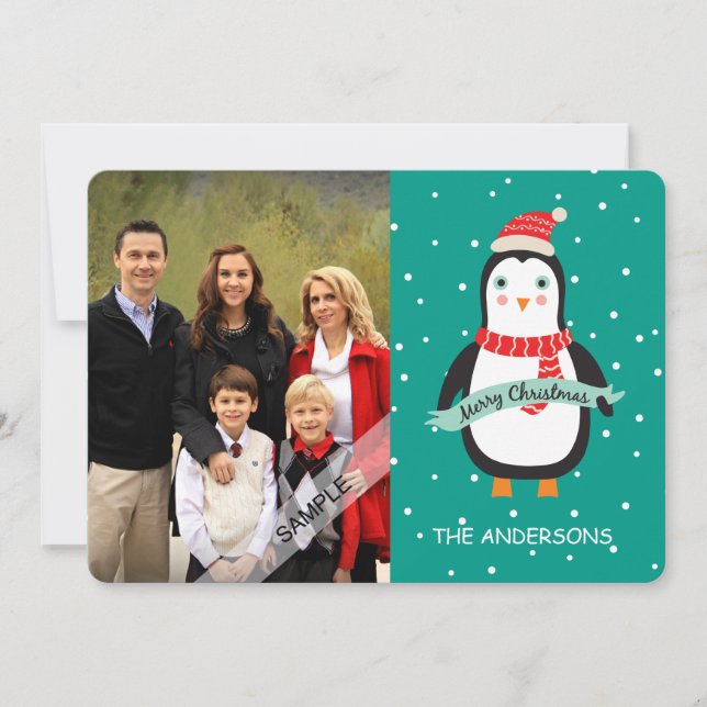 Merry Christmas Cute Penquin Personalised Photo Holiday Card (Front)