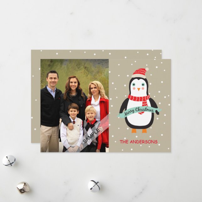 Merry Christmas Cute Penquin Personalised Photo Holiday Card (Front/Back In Situ)