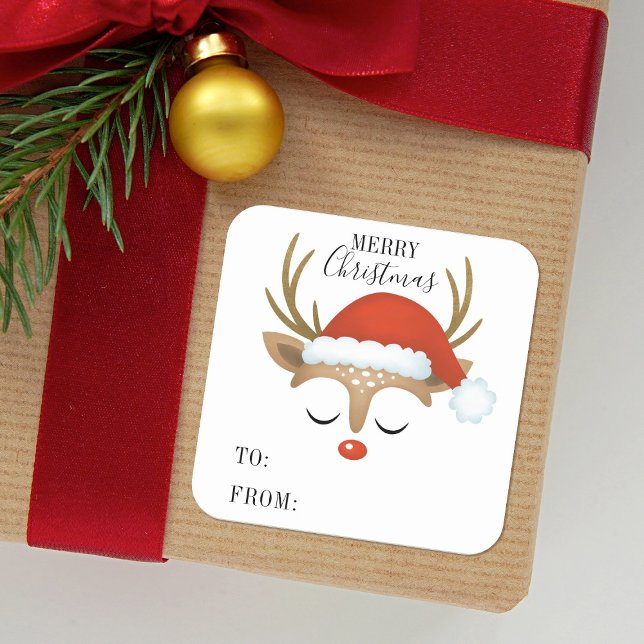 Merry Christmas Cute Personalised Reindeer Square Sticker (Cute reindeer stickers for your Christmas gift packaging.)