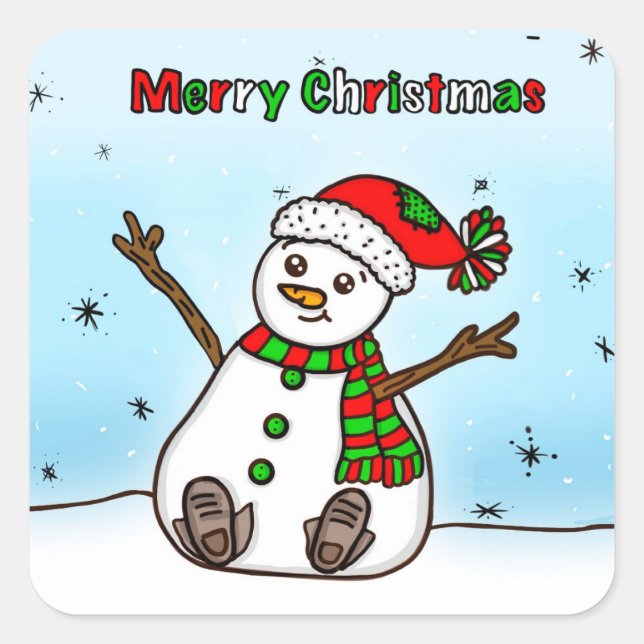 Merry Christmas Cute Plump Snowman Square Sticker (Front)
