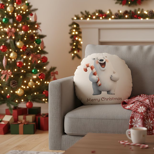 Merry Christmas Cute Polar Bear Design Round Cushion (Creator Uploaded)