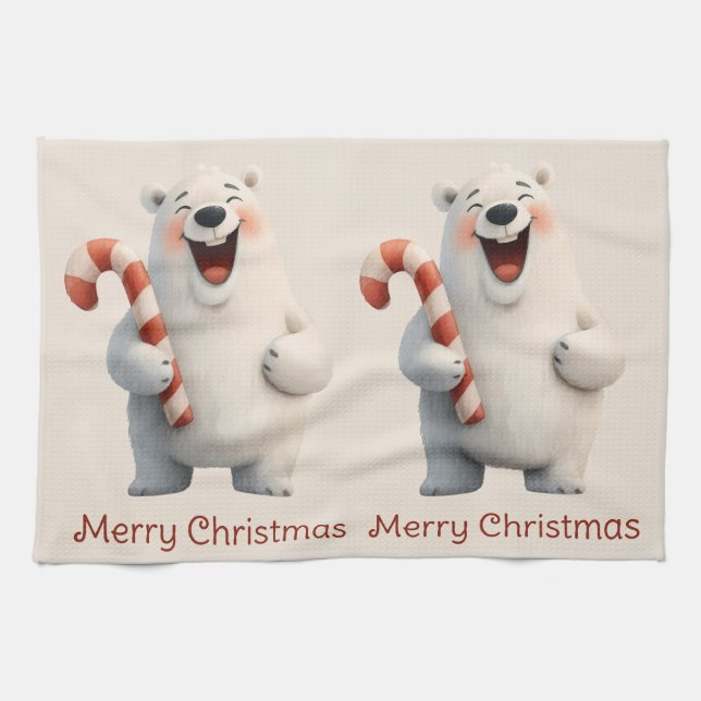 Merry Christmas Cute Polar Bear Design Tea Towel (Horizontal)