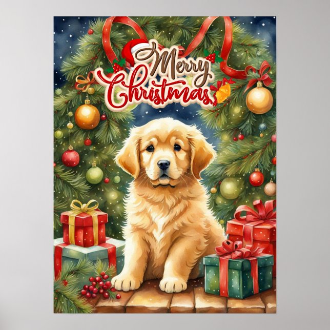 Merry Christmas Cute Puppy and Christmas Tree  Poster (Front)
