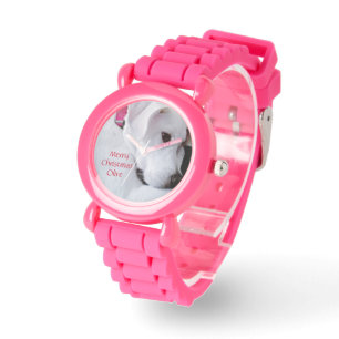 Merry Christmas Cute Puppy Dog Photo Pink Watch