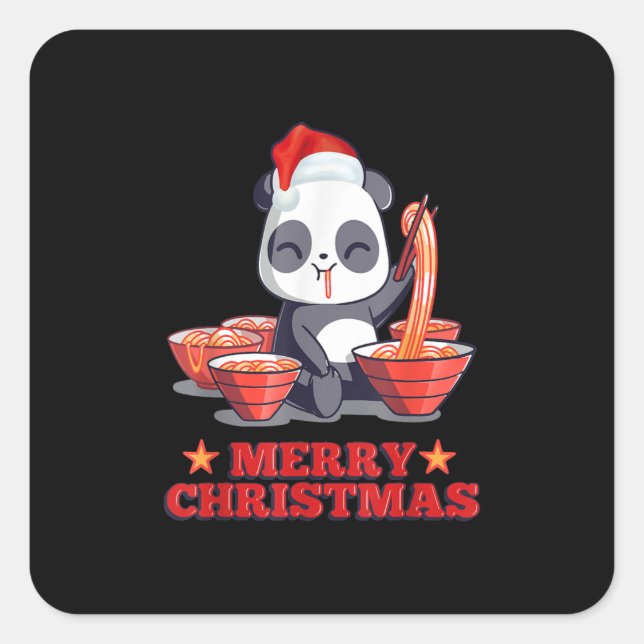 Merry Christmas Cute Ramen Panda Japanese Noodles Square Sticker (Front)