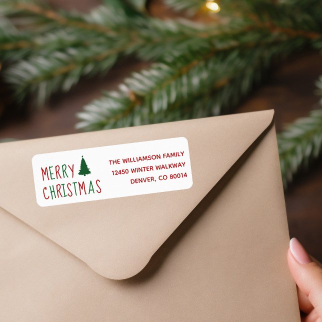 Merry Christmas Cute Red Green Tree Return Address Label (Creator Uploaded)
