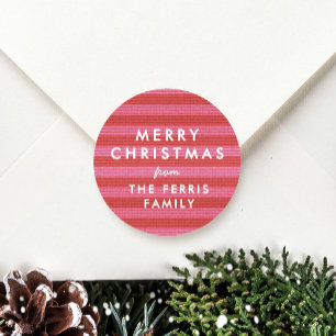 Merry Christmas cute red pink stripe gift Classic Round Sticker