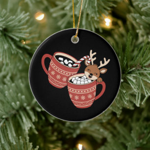 Merry Christmas Cute Reindeer Family Xmas Coffee  Ceramic Ornament