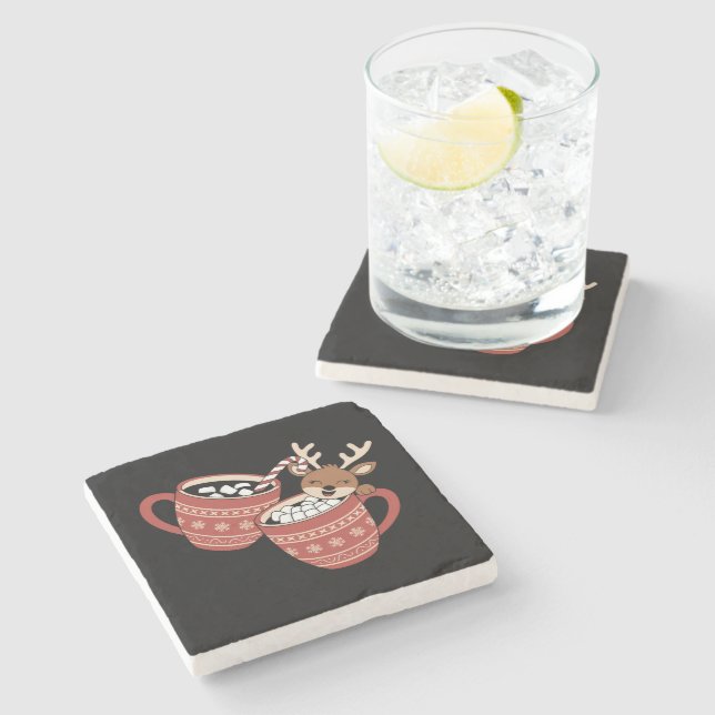 Merry Christmas Cute Reindeer Family Xmas Coffee  Stone Coaster (Side)