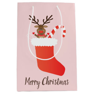 Merry Christmas Cute Reindeer In Stocking Red Medium Gift Bag