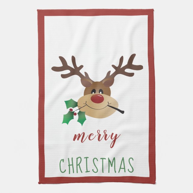 Merry Christmas Cute Reindeer Mistletoe Red Green Tea Towel (Vertical)