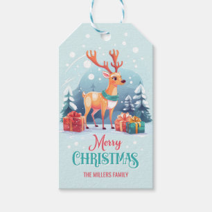 Merry Christmas Cute Reindeer Snowy Background Gift Tags