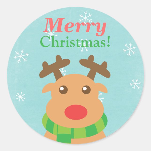 Merry Christmas - Cute Reindeer with Red Nose Classic Round Sticker (Front)