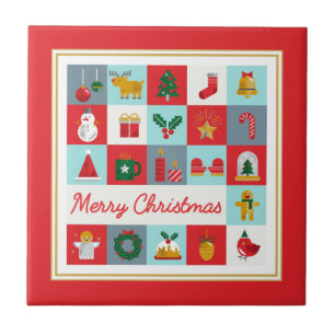 Merry Christmas Cute Retro Winter Christmas Icons Ceramic Tile