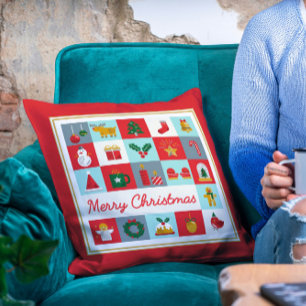 Merry Christmas Cute Retro Winter Christmas Icons Cushion