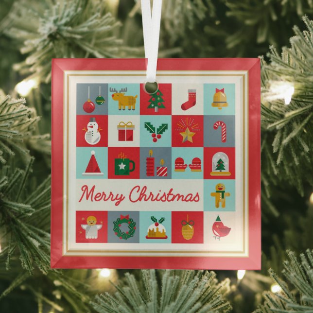 Merry Christmas Cute Retro Winter Christmas Icons Glass Tree Decoration (Insitu)