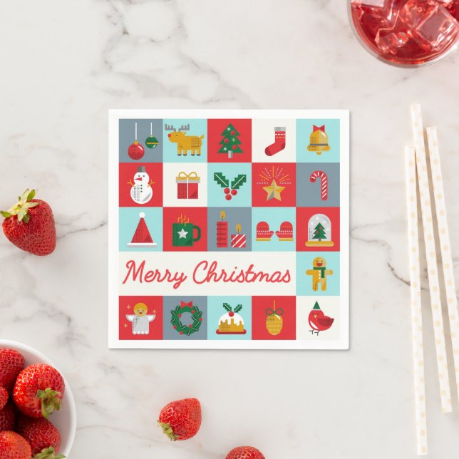 Merry Christmas Cute Retro Winter Christmas Icons Napkin (Insitu)