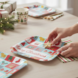 Merry Christmas Cute Retro Winter Christmas Icons Paper Plate