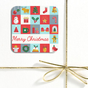 Merry Christmas Cute Retro Winter Christmas Icons Square Sticker