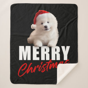 Merry Christmas Cute Samoyed Puppy with Santa Hat  Sherpa Blanket