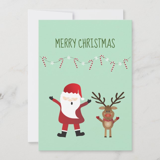 Merry Christmas Cute Santa Claus Reindeer Holiday Card (Front)