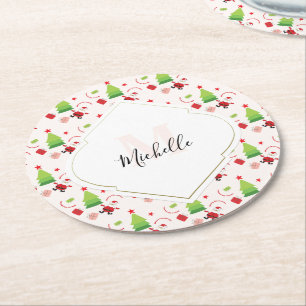 Merry Christmas Cute Santa Monogram Round Paper Coaster