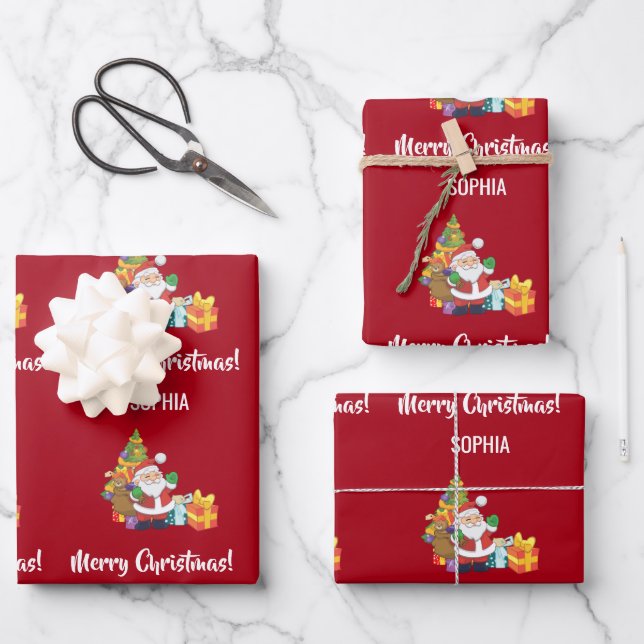 Merry Christmas Cute Santa Personalise Name Red Wrapping Paper Sheet (Front)