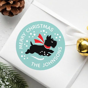 Merry Christmas Cute Scottie Dog Name Mint Classic Round Sticker