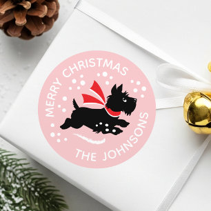Merry Christmas Cute Scottie Dog Name Pink Classic Round Sticker