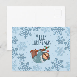 Merry Christmas Cute Sloth and Blue Snowflakes Postcard