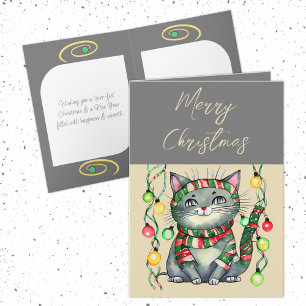 Merry Christmas cute smiling cat baubles grey Holiday Card