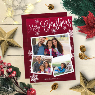 Merry Christmas Cute Snowflake Rustic 3 Photos Invitation